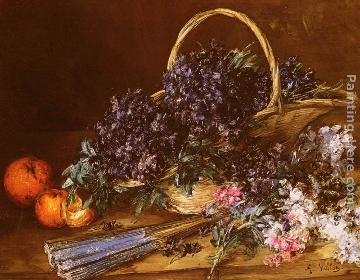 Antoine Vollon A Still Life with a Basket of Flowers, Oranges and a Fan on a Table